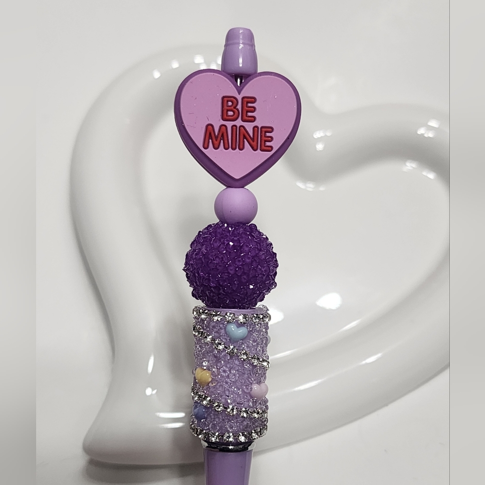 Valentine‎ Beaded Pen Be Mine Purple Hearts Gift Black Ink